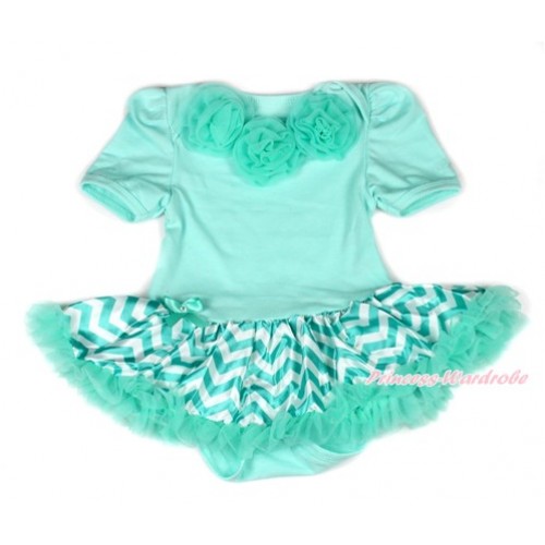 Aqua Blue Baby Bodysuit Jumpsuit Aqua Blue White Wave Pettiskirt with Aqua Blue Rosettes JS1846 